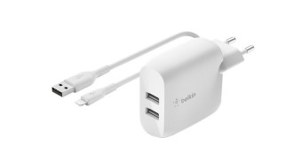 Belkin BoostCharge Dual USB-A Wall Charger 24W + Lightning to USB-A Cable White