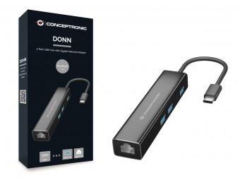 Conceptronic  DONN07B Gigabit USB3.2 Gen 1 Network Adapter with USB HUB Black