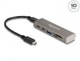 DeLock 3 Port USB 10 Gbps Hub including SD and Micro SD Card Reader with USB Type-C connector Grey