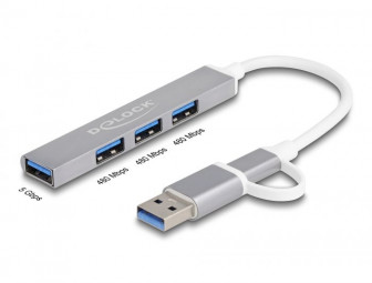 DeLock 4 Port Slim USB Hub with USB Type-C or USB Type-A to 3xUSB 2.0 Type-A female + 1 x USB 5 Gbps Type-A female Grey