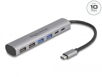 DeLock 6 Port USB Hub with 4xUSB Type-A female and 2xUSB Type-C female Grey