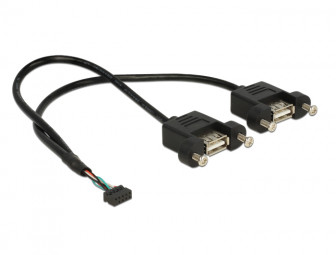 DeLock Cable USB 2.0 pin header female 2.00 mm 10 pin > 2x USB 2.0 Type-A female panel-mount 25cm