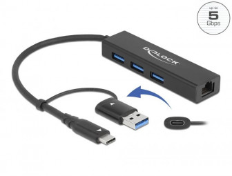 DeLock 3 Port USB 3.2 Gen 1 Hub + Gigabit LAN with USB Type-C or USB Type-A connector Black
