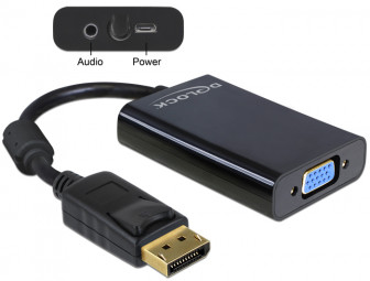 DeLock Displayport 1.1 male to VGA 15 pin female + audio + power Black adapter