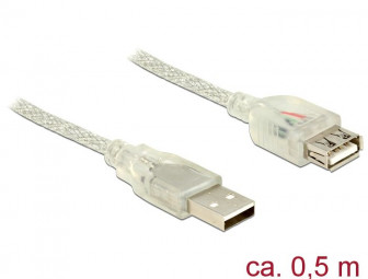 DeLock Extension cable USB 2.0 Type-A male > USB 2.0 Type-A female 0,5m transparent