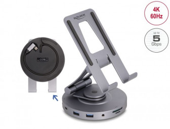 DeLock Tablet and Laptop Docking Station 4K with integrated holder - HDMI / USB / Hub / SD / Micro SD / PD 3.0 - 360° rotateable Grey