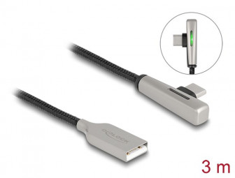 DeLock USB 2.0 Cable Type-A male to USB Type-C male angled with LED and Fast Charging 60W 3m Black