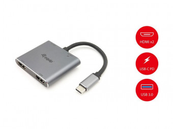 EQuip USB-C 4 in 1 Dual HDMI Adapter, USB 3.0, 100W USB PD Grey