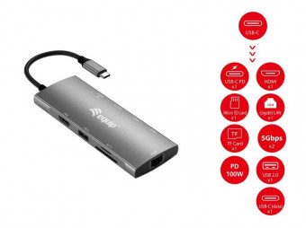 EQuip USB-C 9 in 1 Multifunctional Adapter, HDMI 4K/60Hz, Gigabit LAN, USB 3.2 GEN1, SD/TF, 100W USB PD