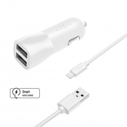 FIXED Dual USB Car Charger 15W + USB/Lightning Cable, white