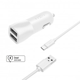 FIXED Dual USB Car Charger 15W + USB/USB-C Cable, white