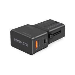 Promate  TriPlug-PD20 Sleek Universal Travel Adapter with 20W Power Delivery & Quick Charge 3.0 Black
