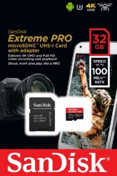 Sandisk 32GB microSDHC Extreme Pro UHS-I V30 A1 + adapterrel