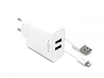 FIXED Set mains charger with 2xUSB output and USB/Lightning cable, 1m, MFI certification, 15W Smart Rapid Charge, white
