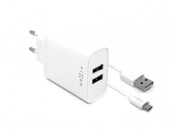 FIXED Set mains charger with 2xUSB output and USB/micro USB cable, 1 meter, 15W Smart Rapid Charge, white