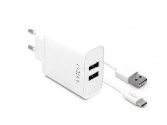 FIXED Set mains charger with 2xUSB output and USB/USB-C cable, 1 meter, 15W Smart Rapid Charge, white
