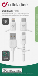 Cellularline USB cable with three Lightning adapters + micro USB + USB-C, white