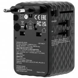 Verbatim Charge 'n' Travel 100W GaN III Universal Travel Adapter with Retractable USB-C Cable Black